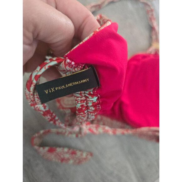 VIX Paula Hermanny Triangle Bikini Top Halter Style Red and Green Gold Paisley D - Picture 5 of 8